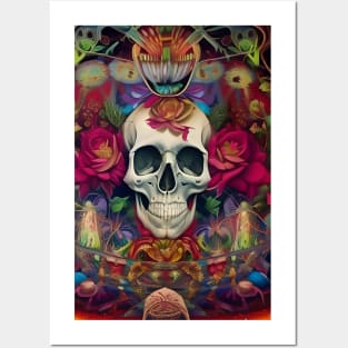 Trippy psychedelic art skull and roses Posters and Art